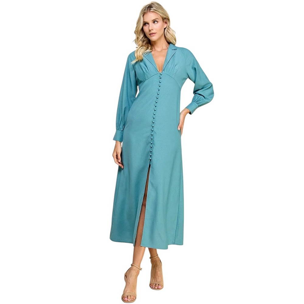 Teal Button-Front Long Sleeve Midi Dress – Elegant V-Neck A-Line – Sizes S M L